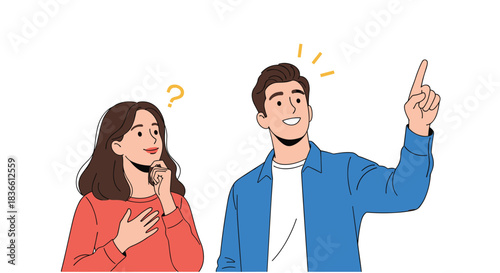 Young man enthusiastically explains a brilliant idea by pointing upwards, while a curious woman listens with a question mark.