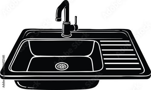 Minimalist monochrome vector top view single bowl kitchen sink with faucet and grooved drainer close up high contrast silhouette isolated on white background simple appliance graphic