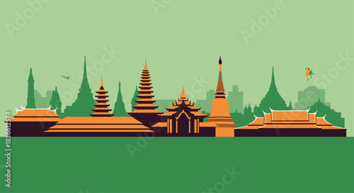 Stylized vector skyline of a famous Southeast Asian city, featuring iconic temples, pagodas, and traditional architecture.