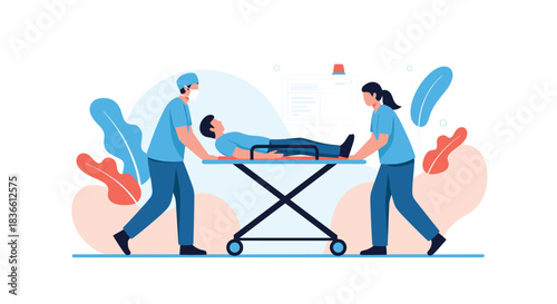 Two medical workers in blue scrubs and masks rushing a patient on a stretcher for emergency care. This vector illustration symbolizes urgent hospital response, first aid, and paramedic teamwork.