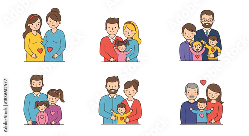 Set of diverse family portraits showing various life stages, from pregnancy to grandparents with children. This collection symbolizes love, togetherness, and the generations of a growing family.