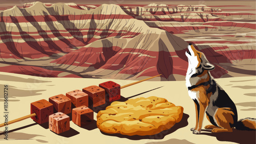 Southwestern desert canyon illustration with howling coyote, traditional fry bread, grilled meat skewer and colorful layered cliffs