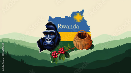 Rwanda tourism illustration with gorilla, coffee beans and traditional basket over flag map and green mountain landscape background