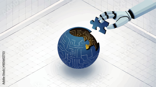 Futuristic robotic hand solving digital globe puzzle, artificial intelligence innovation concept, blue technology sphere illustration