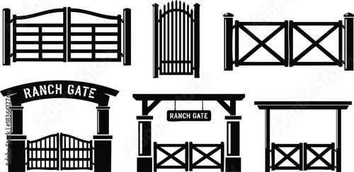 Silhouette icon set of six ranch gate designs including arched wooden entry metal gate crossbuck fence pillars and porch gate simple flat vector isolated black art