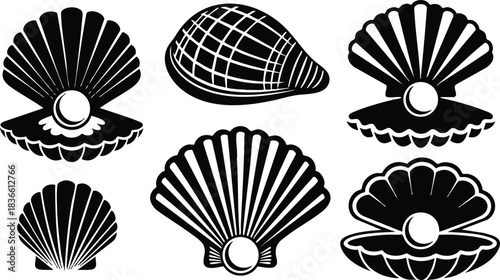 Flat icon set of scallop and clam shells with pearls six black silhouettes front view open shells isolated on white background minimal vector art nautical clean