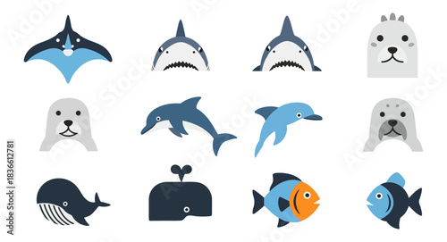 Marine animals set vector illustration of diverse aquatic life on black