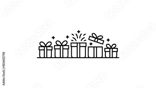 A line of simple line art gift boxes with bows and one open box with confetti bursting out celebrating a surprise