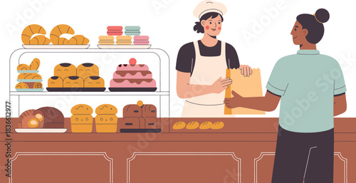 Woman buying bakery pastry products in shop stall counter service concept illustration vector design in trendy style