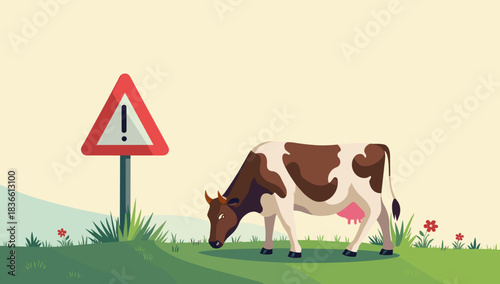 Spotted cow eating grass beside warning exclamation sign