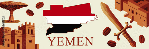 Yemen map with flag colors, coffee beans, traditional dagger and ancient architecture, cultural travel illustration banner