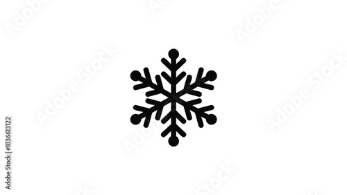 A stark black silhouette of a classic six pointed snowflake icon isolated on a clean white background representing winter and cold