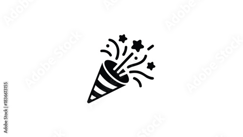 Black and white graphic icon of a party popper exploding with confetti and stars celebrating a special occasion