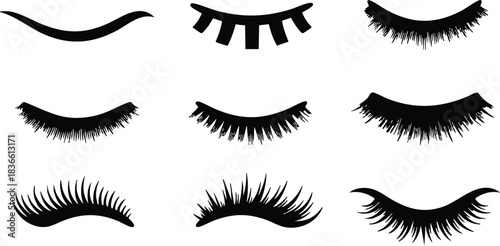 Flat design close up eyelash icon set twelve eyelash silhouettes arranged in a three by four grid makeup beauty branding vector minimal icons black and white