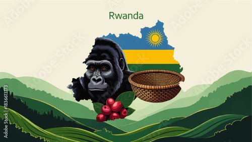 Rwanda tourism illustration with mountain gorilla, map flag, coffee cherries, woven basket and green hills landscape