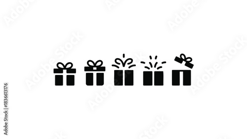 A row of five simple black and white silhouette gift boxes with bows on a white background celebrating holidays and special occasions