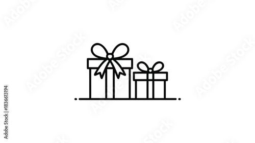 Simple line art icon of two gift boxes with ribbons and bows on a white background for celebration and surprise