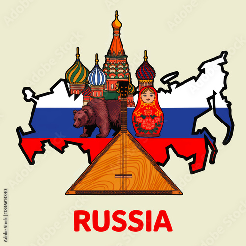 Colorful Russia travel poster with map, Saint Basil cathedral, Russian bear, matryoshka doll, balalaika and national flag illustration