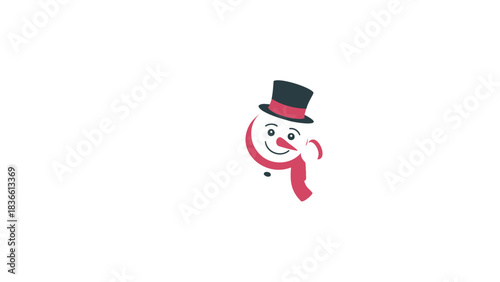 Whimsical cartoon snowman wearing a black top hat and pink scarf peeking from the side with a cheerful expression