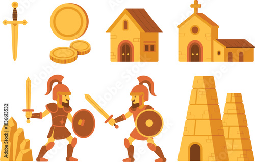 Ancient warriors fighting with swords and shields, historical buildings, temples, coins, weapon icons, flat vector illustration of classical er