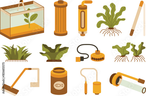 Aquarium equipment and aquatic plants vector set including filters, tank tools, fish supplies, water pump, cleaning accessories, flat illustration collection