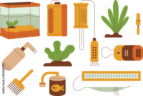 Aquarium equipment and aquatic plants vector set including filters, tank tools, fish supplies, water pump, cleaning accessories, flat illustration collection
