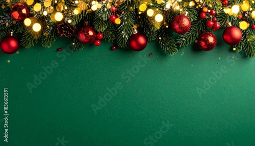 Decoración navideña elegante con ramas de abeto, bolas rojas ornamentales y bayas, sobre un fondo verde con luces doradas desenfocadas. Composición festiva, cálida y equilibrada, ideal para diseños de