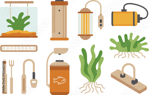 Aquarium equipment and aquatic plants vector set including filters, tank tools, fish supplies, water pump, cleaning accessories, flat illustration collection