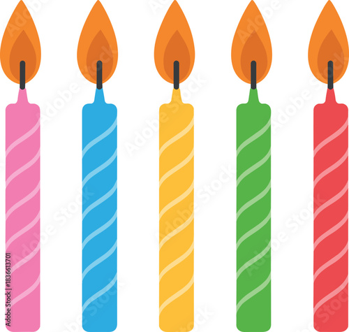 Colorful birthday candles illustration with burning flames, striped designs, festive celebration elements for party decorations, cake toppers, and holiday graphics