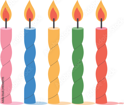 Colorful birthday candles illustration with burning flames, striped designs, festive celebration elements for party decorations, cake toppers, and holiday graphics