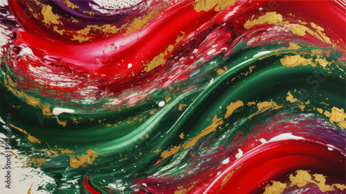 Luxury red and green abstract acrylic paint waves with gold foil splatter, festive modern fluid art background for holiday design