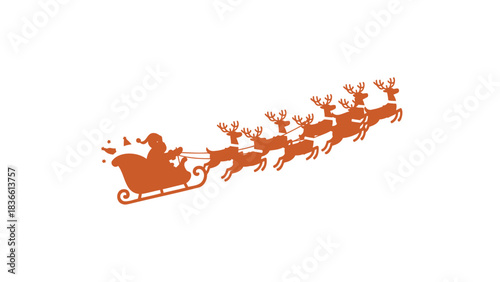 Iconic silhouette of santa claus in his sleigh pulled by a team of flying reindeer against a clean white background for festive holiday designs