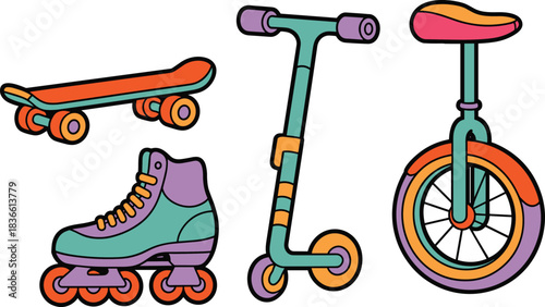 Colorful cartoon illustration of skateboard, roller skates, scooter and unicycle, fun wheels sports equipment set in vibrant vector design