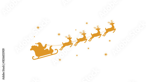 Golden silhouette of santa claus riding his sleigh pulled by reindeer across a starry night sky with sparkling festive elements