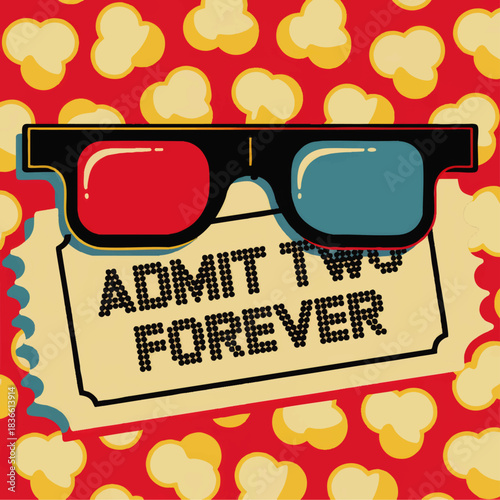 Retro movie date night illustration with 3D glasses, admit two forever cinema ticket and popcorn pattern on bright red background