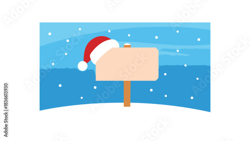 Festive christmas santa hat adorns blank wooden signpost standing in snowy winter landscape with falling snowflakes