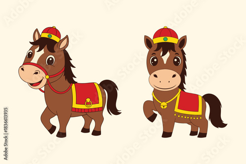 Two cute cartoon horse mascots celebrating chinese new year or lunar new year.