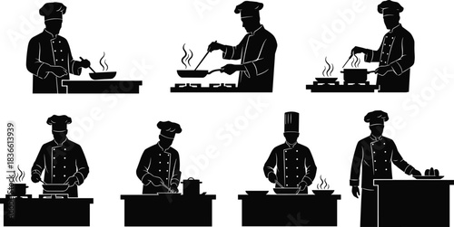 Chef silhouette vector set, professional cook preparing food, kitchen cooking actions, restaurant culinary scenes, isolated gastronomy illustration collection