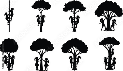 Children silhouette vector set, kids climbing trees and poles, playful outdoor activities, childhood adventure moments, nature play illustration collection