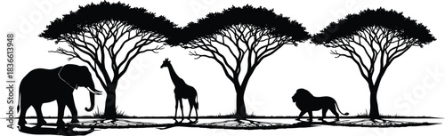 African wildlife silhouette vector scene, elephant giraffe and lion under acacia trees, safari nature landscape illustration, isolated animal panorama
