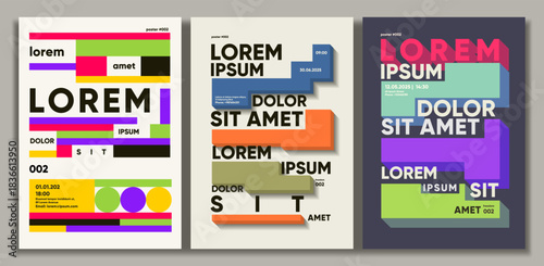 A set of three modern and colorful abstract posters featuring bold typography and geometric shapes. The designs incorporate vibrant colors like red, green, blue, and orange 