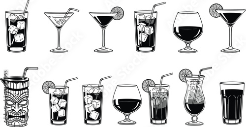 Cocktail and drink glass illustration set showing alcohol beverages, ice cubes, straws and garnishes, bar menu elements isolated background