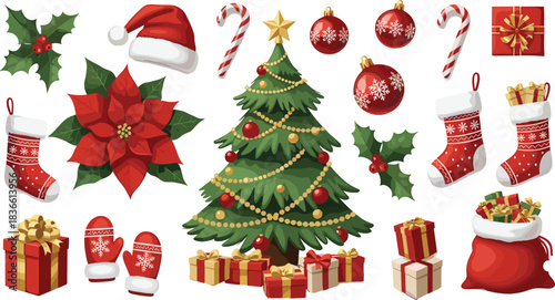 Christmas elements vector set, decorated tree gifts ornaments stockings candy canes poinsettia, festive holiday illustration, isolated seasonal design collection