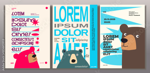 A vibrant set of three posters featuring playful bear illustrations and bold typography. The designs incorporate bright colors and geometric shapes, creating a modern and eye-catching aesthetic