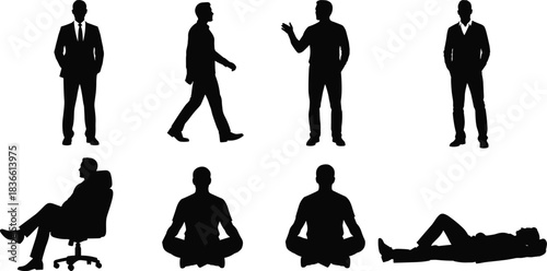Business man silhouette collection showing standing, walking, sitting, relaxing poses, professional male figure actions isolated on white background