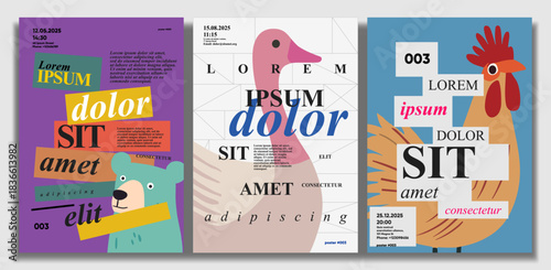 A vibrant set of three modern posters featuring abstract animal illustrations and bold typography. Each poster includes placeholder text and event details, showcasing creative design elements  