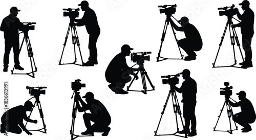 Camera operator silhouette vector set, professional videographer filming scenes, tripod video camera, media production illustration, isolated cameraman poses, studio, broadcast