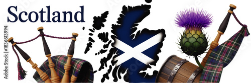 Scotland illustration with bagpipes thistle tartan and map silhouette featuring Saint Andrew’s Cross flag on transparent background