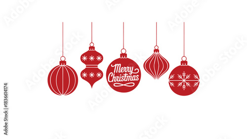 Five festive red christmas ornaments with intricate designs and a merry christmas message hanging against a white background