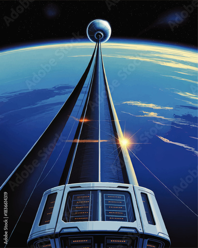 Futuristic space elevator above Earth, sci fi orbital tower with capsule, sunrise over planet, deep space exploration illustration